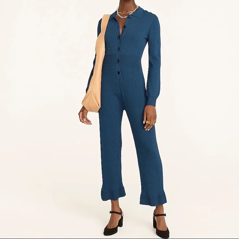 J Crew New long‎ sleeve collared Ribbed cropped jumpsuit wide leg button front